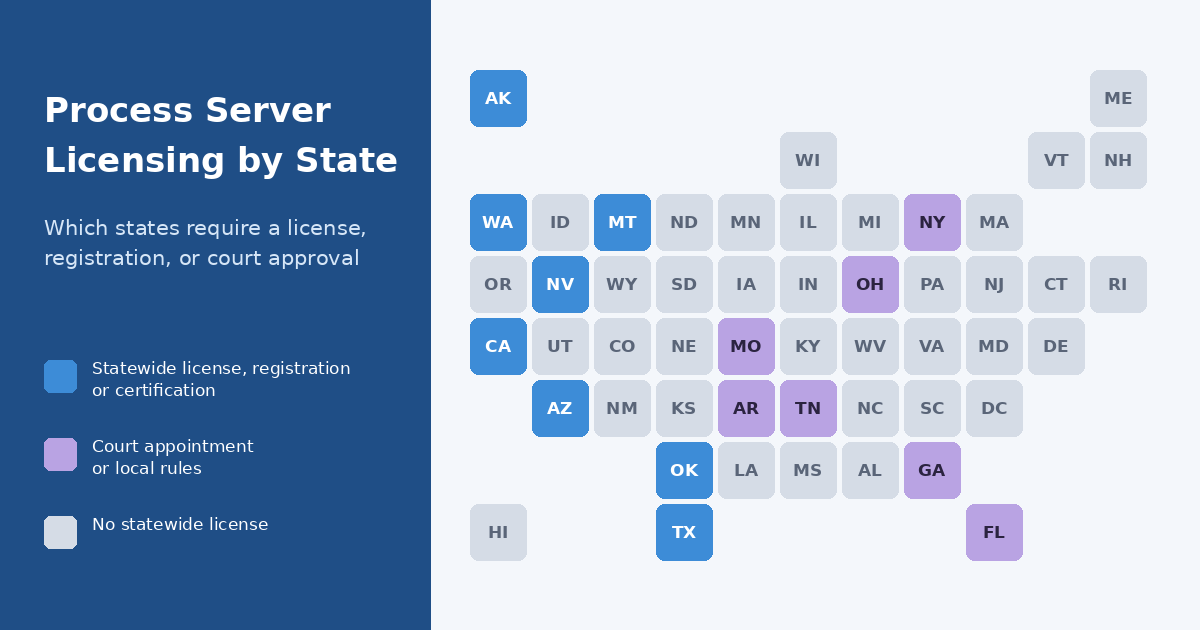 Map of states that license or register process servers.