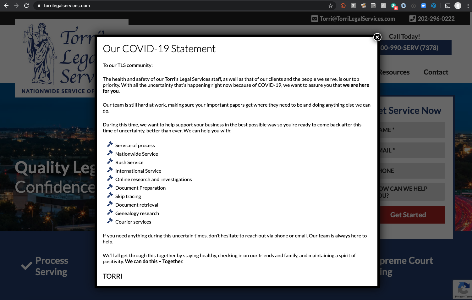 Torri's Legal Services COVID-19 Statement