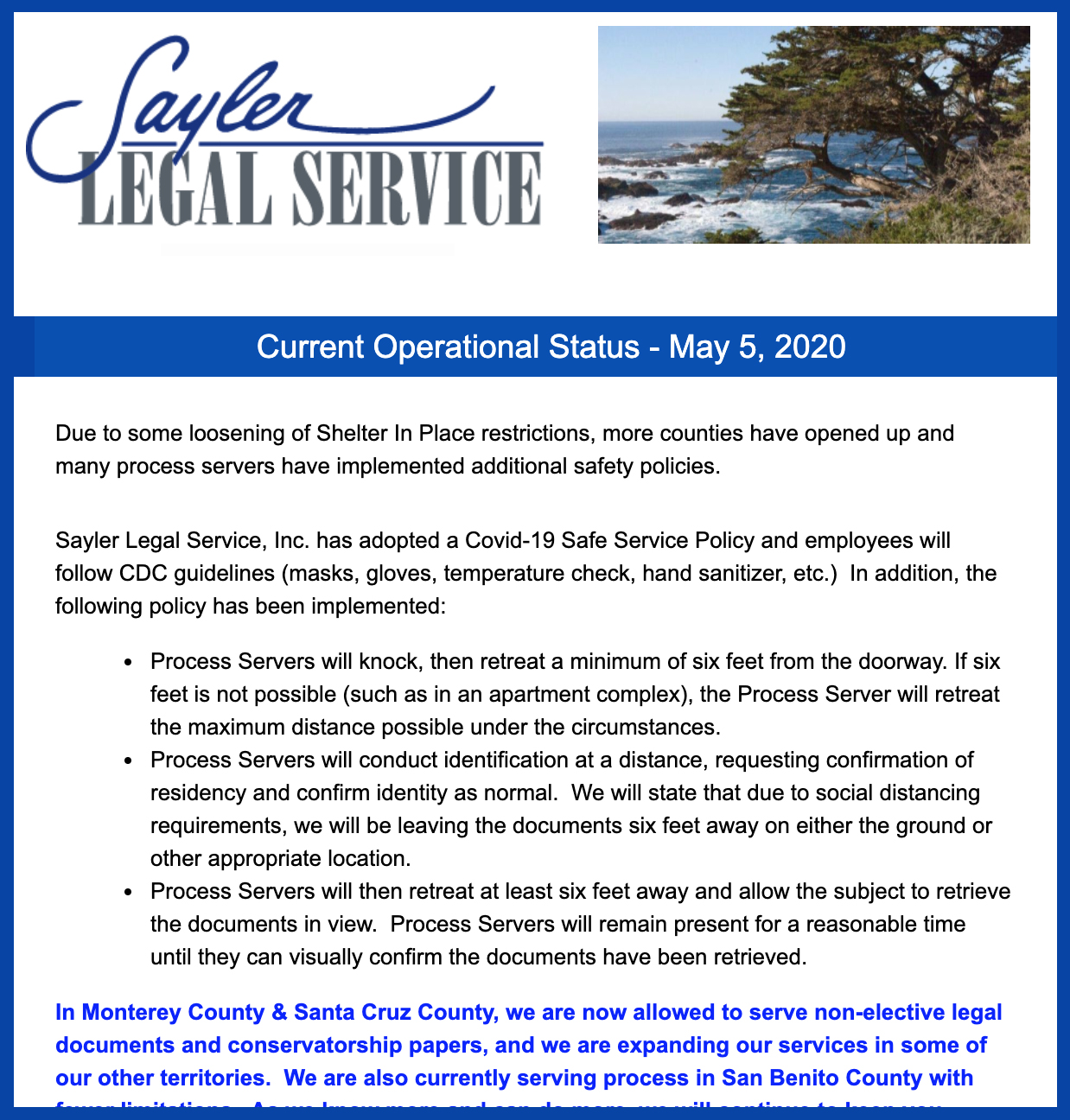 Sayler Legal Service COVID Email
