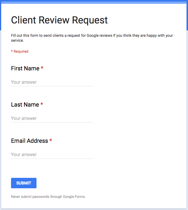 Example of Finished Client Review Request Form