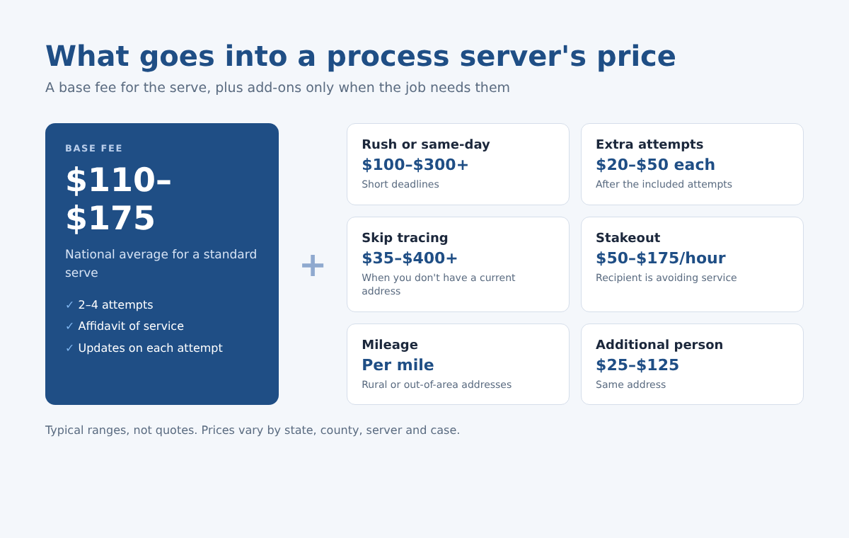 Process server fees explained: a $110 to $175 base fee plus add-ons for rush service, extra attempts, skip tracing, stakeouts, mileage and additional people