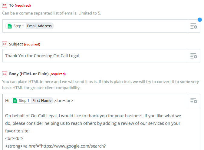 Filled-Out email template in Zapier